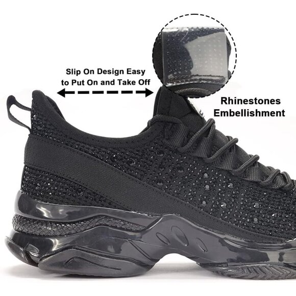 Women's Rhinestone Mesh Slip On Walking Breathable Glitter Sneaker Shoes Black - Picture 4 of 6
